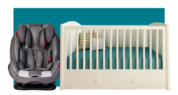 Car seat and crib on a color background