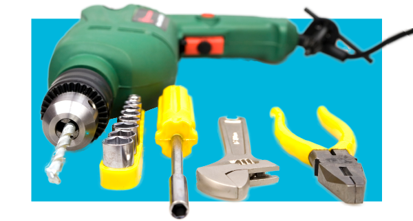 Drill and hand tools on a color background