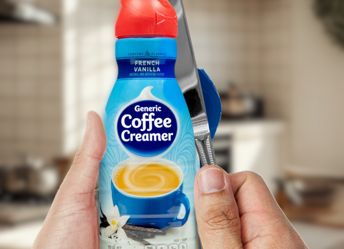 A pair of hands peeling away a plastic outer coating of a coffee creamer bottle with a butter knife.