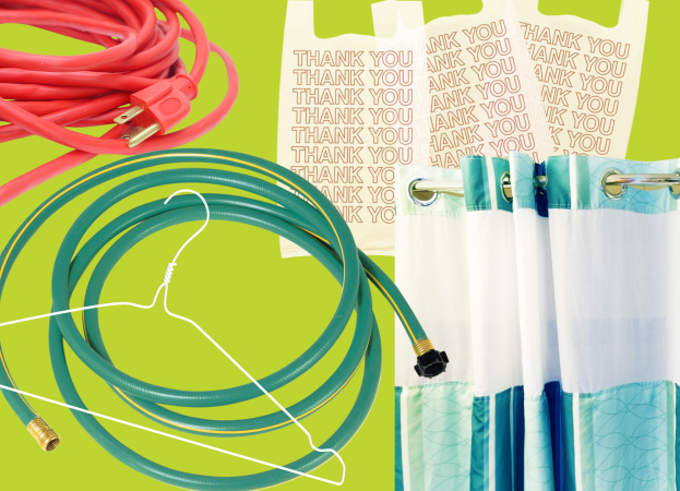 An extension cord, a garden hose, a wire clothing hanger, a shower curtain and some white plastic shopping bags.