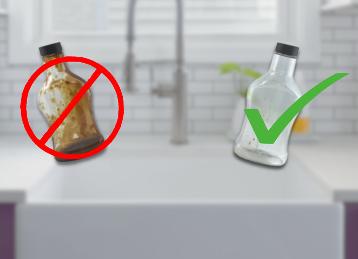 Two bottles sit on either side of a kitchen sink. The bottle on the left still has a visible amount of sauce inside and is crossed out with a "NO" sign. The bottle on the right is mostly clean and clear and checked with a green "YES" checkmark.