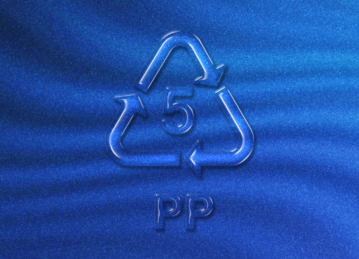 A recycle resin code showing the number "5" in between the triangular arrows signifying recycle codes. A code showing "PP" underneath is also showing.