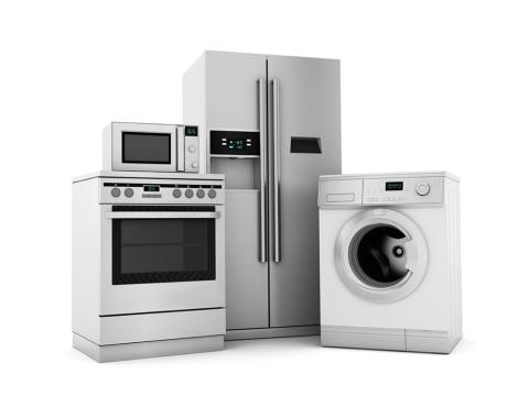 Large appliances - stove, fridge, washer, microwave stacked on top of each other