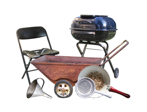 Items that can be scrapped, including pots, pans, chairs and old grills