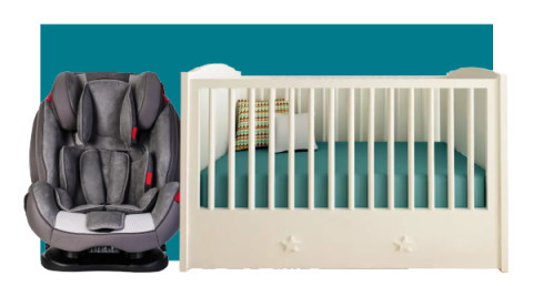 Car seat and crib on a color background