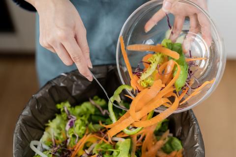 Person emptying a bowl of food scraps into a compost bin