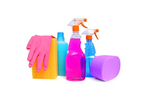 Several cleaners, gloves and sponges