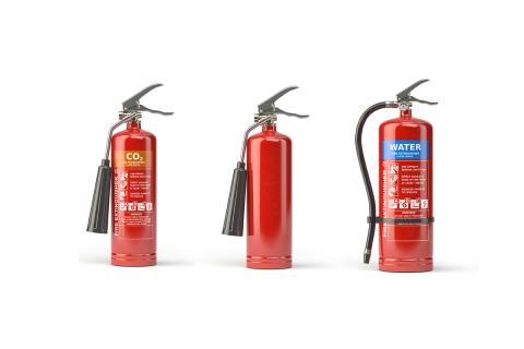 Three fire extinguishers of varying types