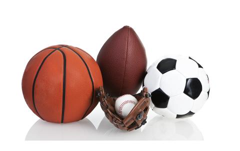 A basketball, football, soccer ball, baseball and baseball glove