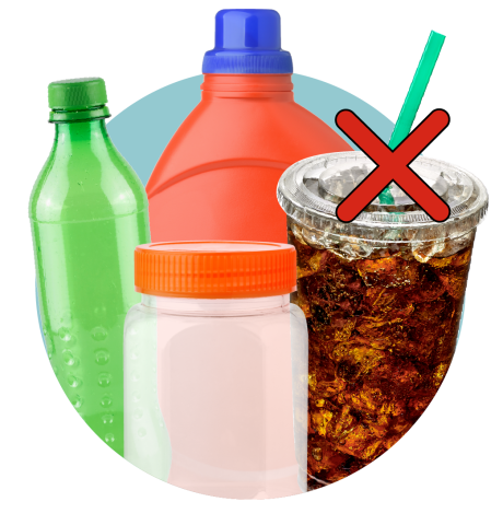 Plastic detergent bottle, soda bottle, plastic jar and soda cup with lid and straw crossed out