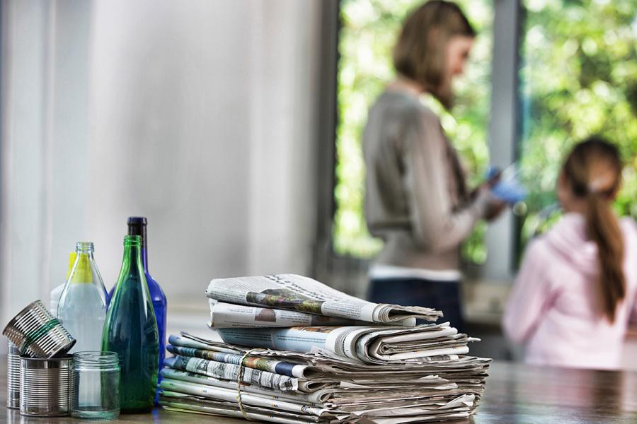 Recyclable items on a table in a home