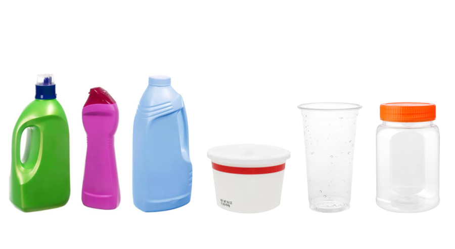 Various plastic containers for cleaning products, food and beverage